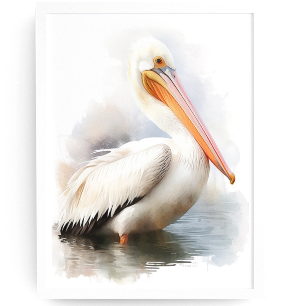 White Pelican Bird Wall Art Watercolor Illustration Print Poster Unframed